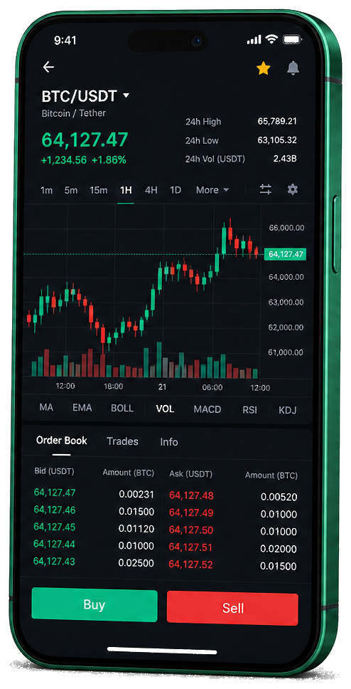 Platforma mobilă Bunexya — grafic live BTC/USDT, ordine și panou de cumpărare/vânzare